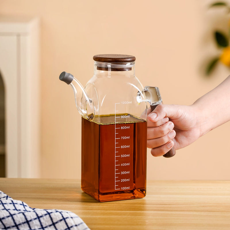 Borosilicate Glass Oil Pot With Wooden Lid 1000ml
