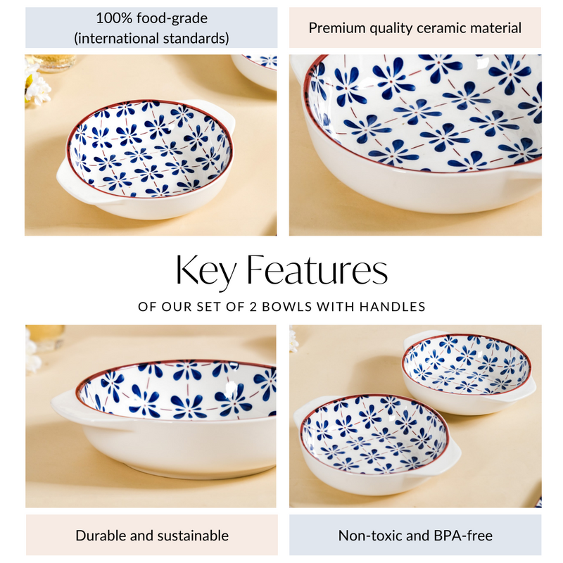 Blue Flower Serving Bowl Set Of 2 1000ml - Serving bowl set, ceramic serving bowls, microwave safe bowls, bowl with handle