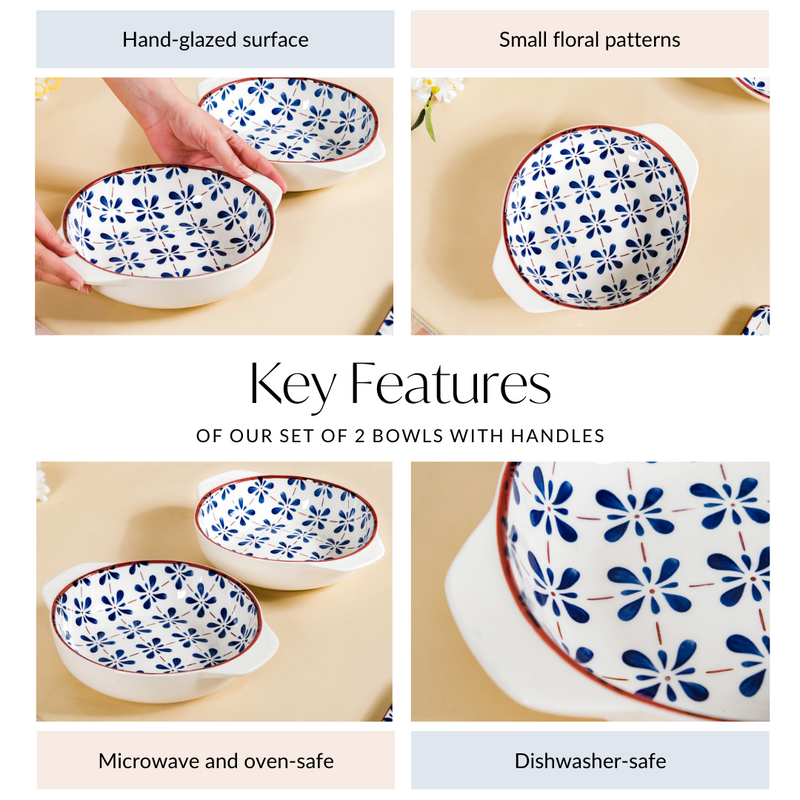 Blue Flower Serving Bowl Set Of 2 1000ml - Serving bowl set, ceramic serving bowls, microwave safe bowls, bowl with handle