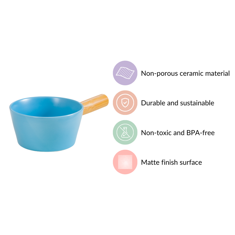 Ceramic Bowl With Wooden Handle Blue 450 ml - Serving bowl, bowl with handle, ceramic bowl with handle, blue bowl