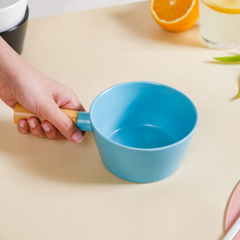 Ceramic Bowl With Wooden Handle Blue 450 ml - Serving bowl, bowl with handle, ceramic bowl with handle, blue bowl