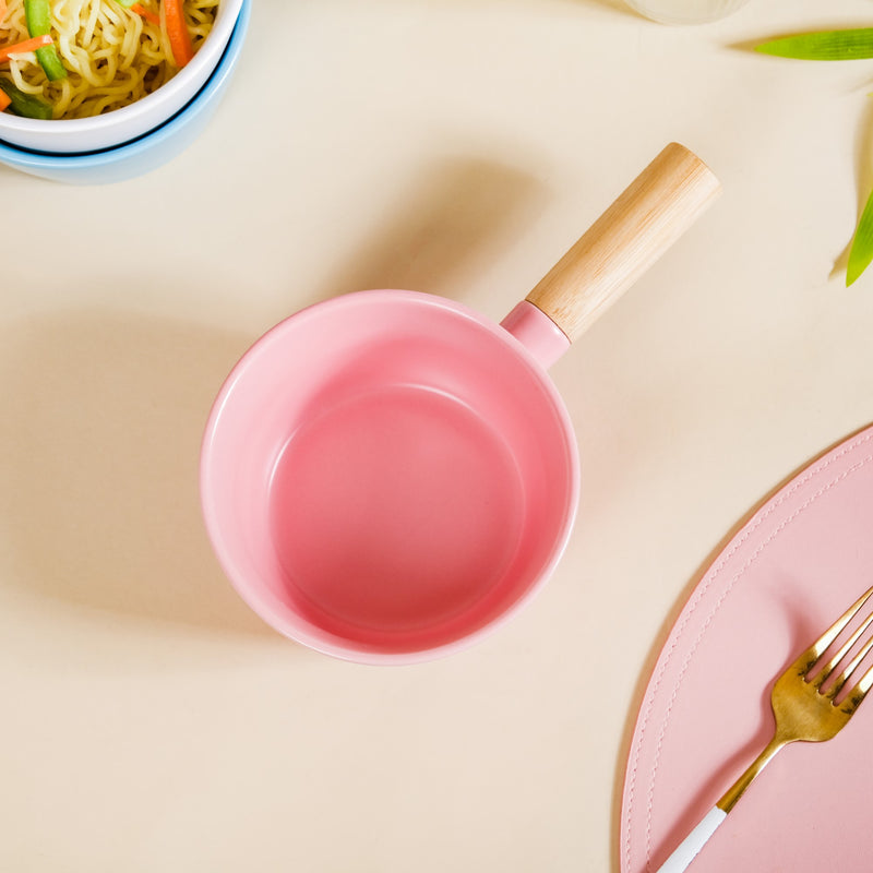 Bowl With Wooden Handle - Serving bowl, bowl with handle, ceramic bowl with handle, pink bowl