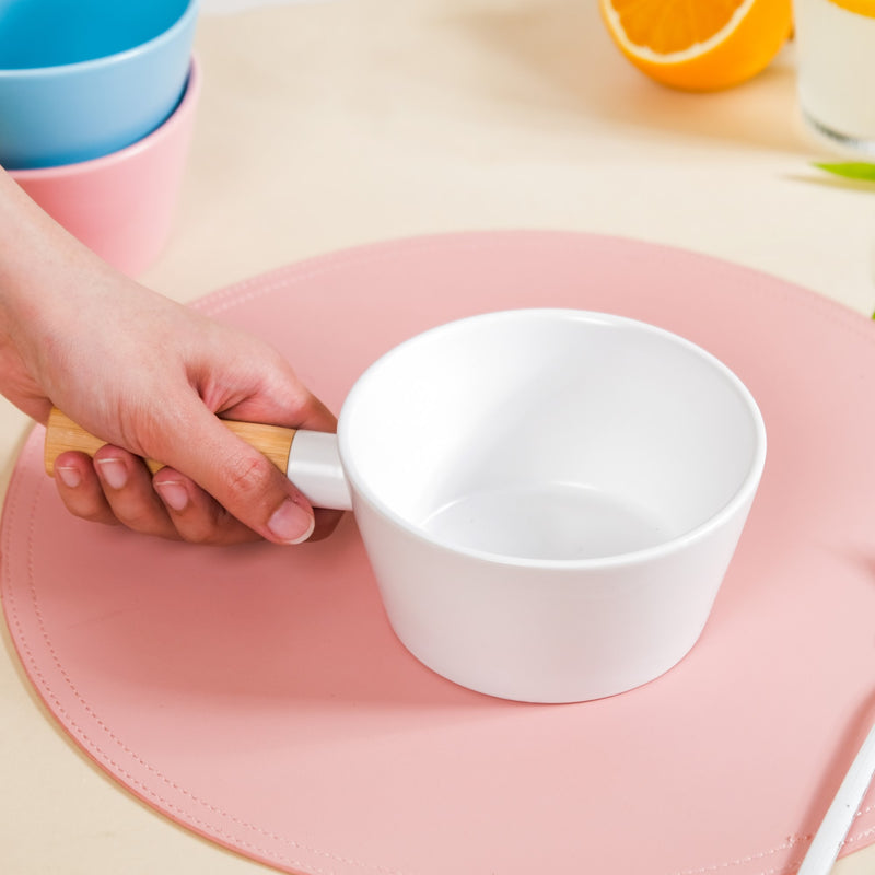Ceramic Snack Bowl With Handle White 450 ml - snack bowl, soup bowl, noodle bowl, salad bowls, bowl for snacks, bowl with handle