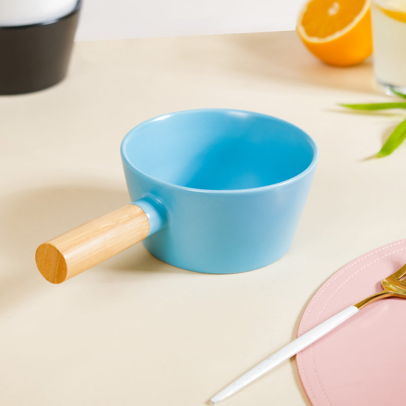Ceramic Bowl With Wooden Handle Blue 450 ml - Serving bowl, bowl with handle, ceramic bowl with handle, blue bowl