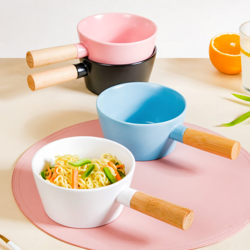 Ceramic Bowl With Wooden Handle Blue 450 ml - Serving bowl, bowl with handle, ceramic bowl with handle, blue bowl