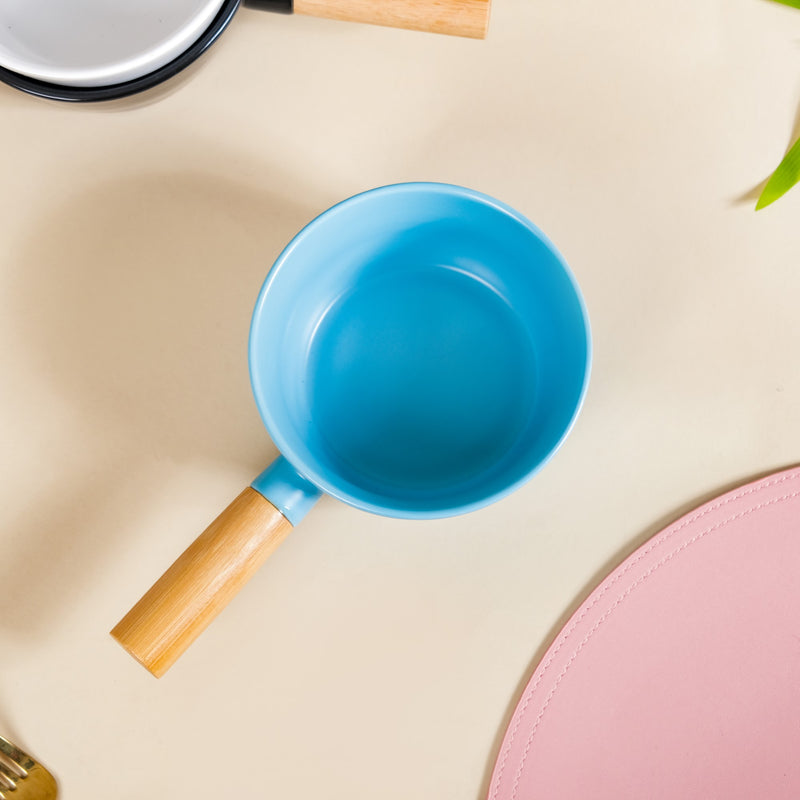 Ceramic Bowl With Wooden Handle Blue 450 ml - Serving bowl, bowl with handle, ceramic bowl with handle, blue bowl