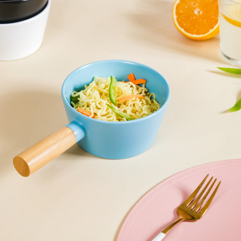 Ceramic Bowl With Wooden Handle Blue 450 ml - Serving bowl, bowl with handle, ceramic bowl with handle, blue bowl