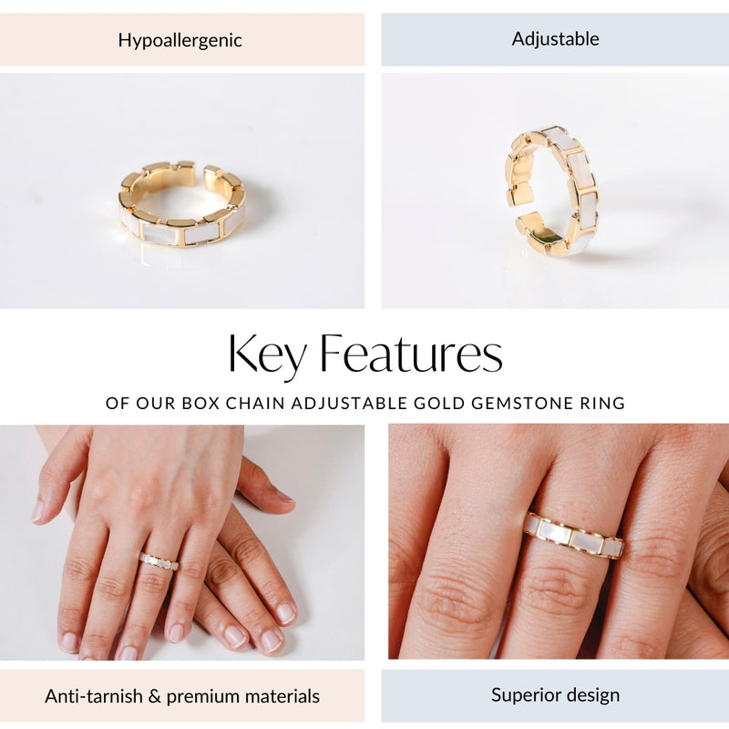 Box Chain Adjustable Gold Gemstone Ring