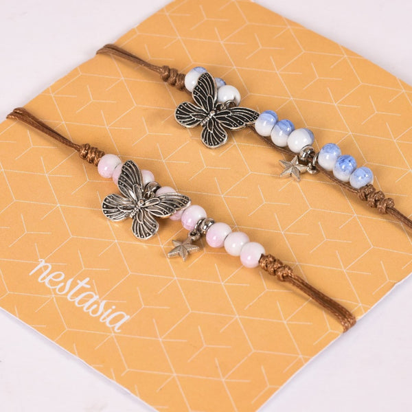 Set Of 2 Silver Butterfly Bracelets With Gradient Beads