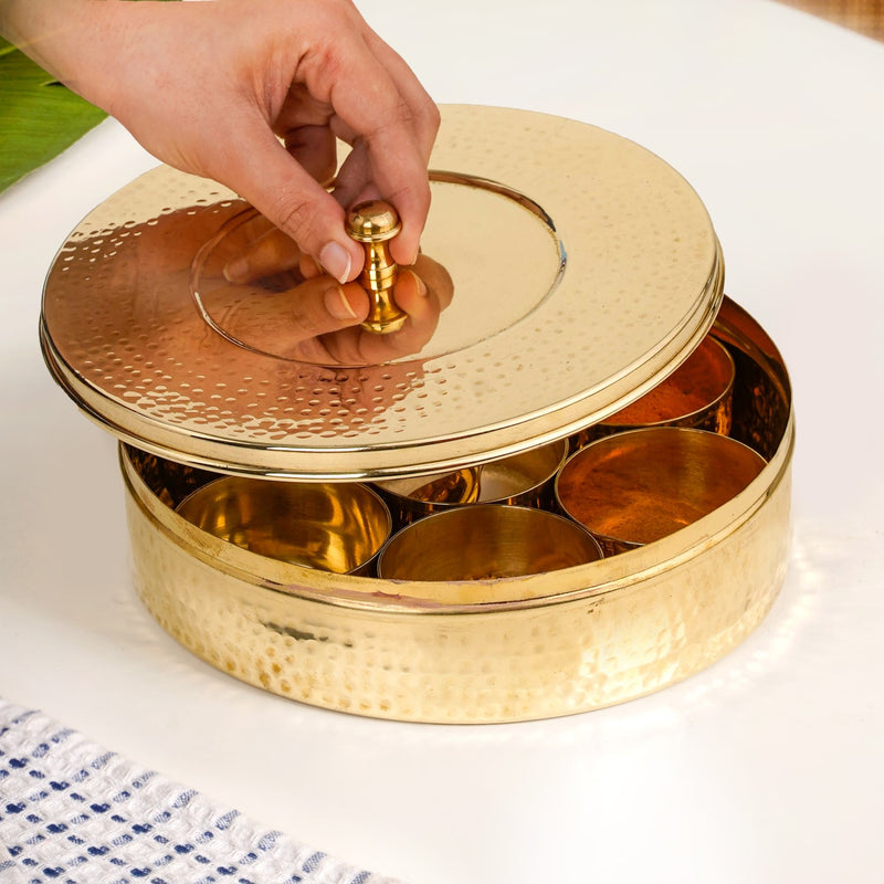 Brass Hammered Masala Dani With Spoon Set Of 10