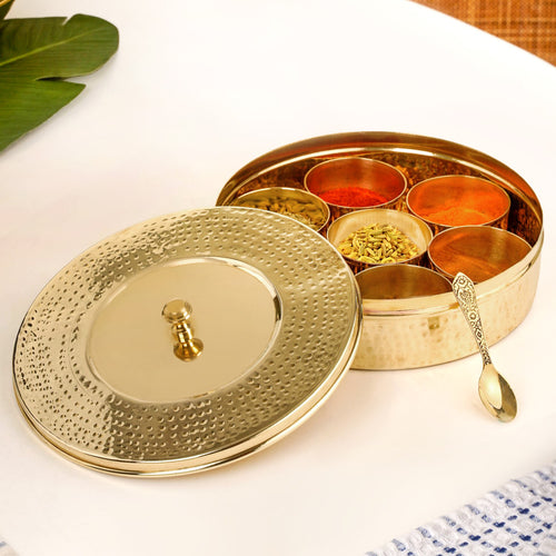 Brass Hammered Masala Dani With Spoon Set Of 10