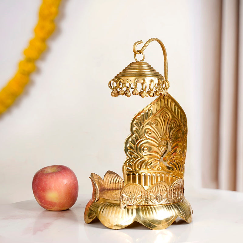 Brass Krishna Singhasan With Lotus And Peacock Embossing