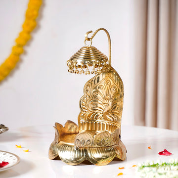 Brass Laddu Gopal Singhasan With Lotus And Peacock Embossing