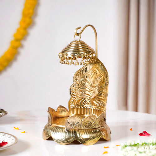 Brass Laddu Gopal Singhasan With Lotus And Peacock Embossing