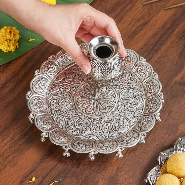 Embossed Brass Flower Pooja Thali And Kalash Set