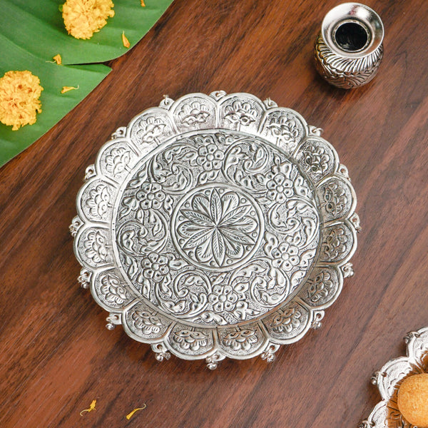 Embossed Brass Flower Pooja Thali And Kalash Set