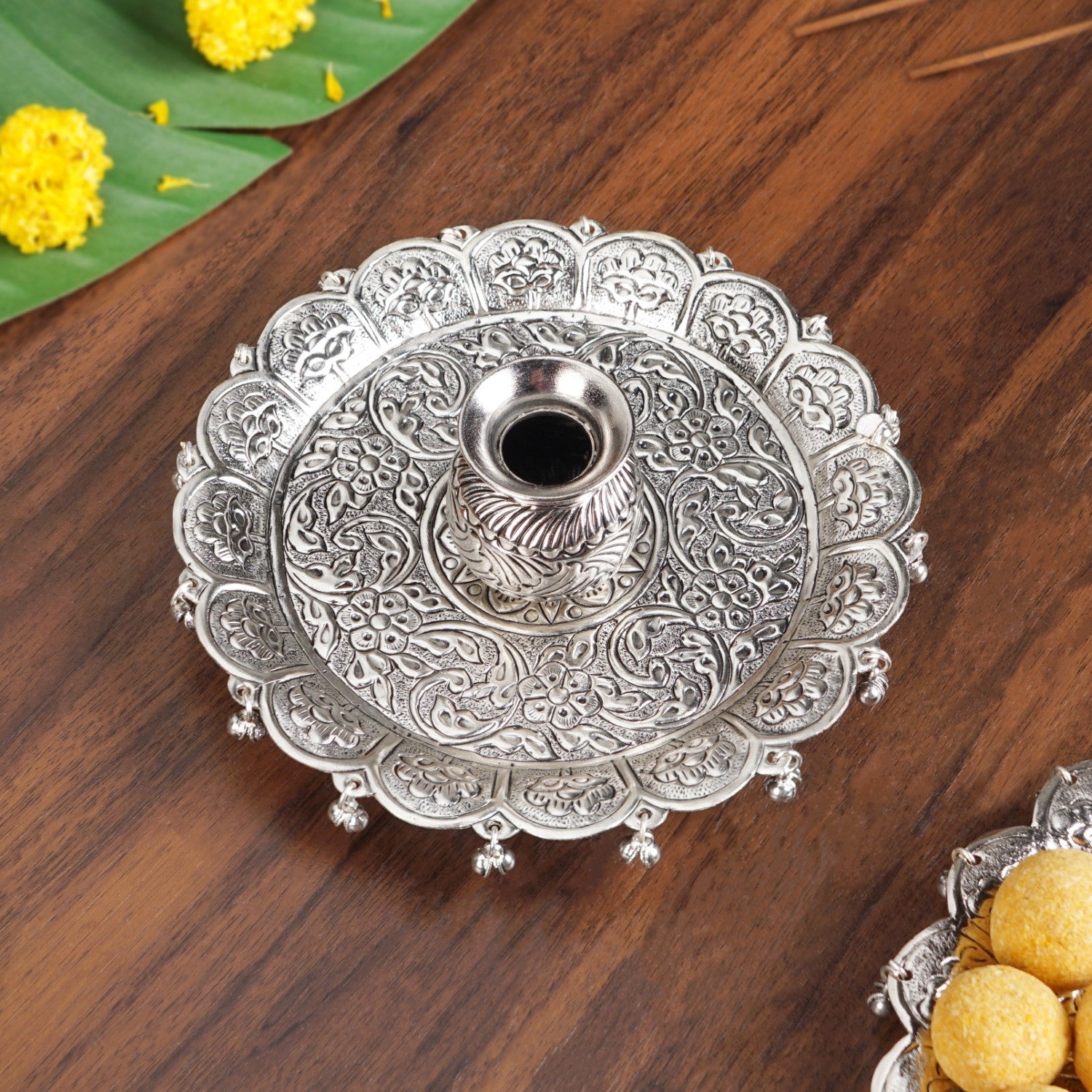 Embossed Brass Flower Pooja Thali And Kalash Set