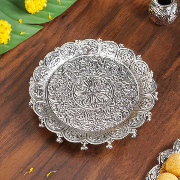 Embossed Brass Flower Pooja Thali And Kalash Set