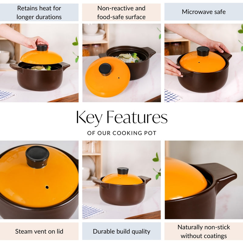 Brown Ceramic Deep Cooking Pot With Orange Lid 2900ml