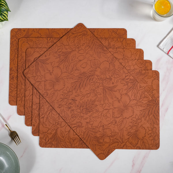 Brown Embossed Hibiscus Rectangular Placemats Set Of 6