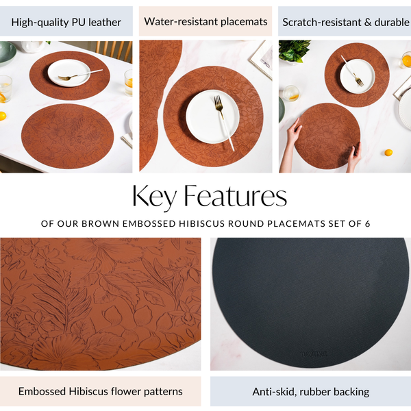 Brown Embossed Hibiscus Round Placemats Set Of 6