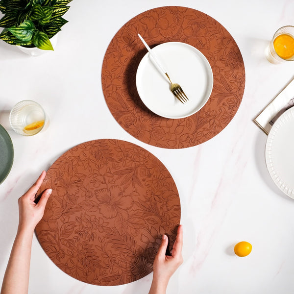 Brown Embossed Hibiscus Round Placemats Set Of 6