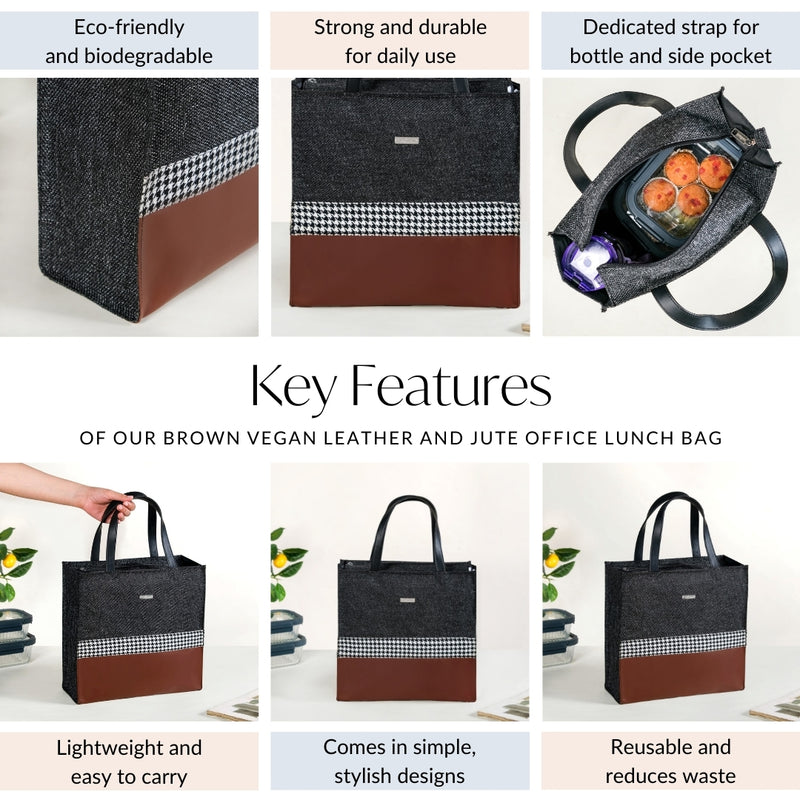 Brown Vegan Leather And Jute Office Lunch Bag