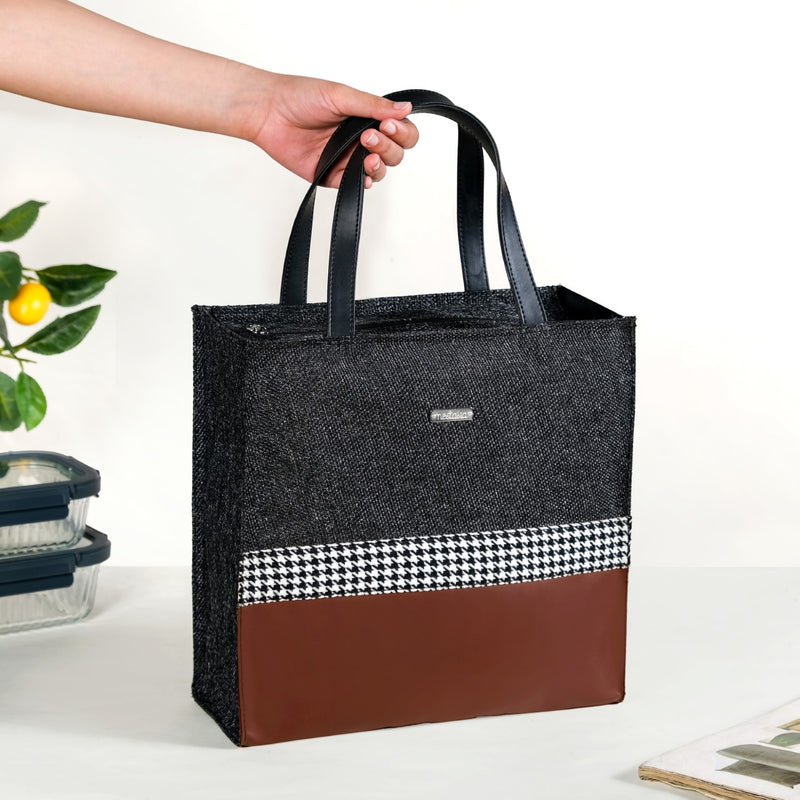 Brown Vegan Leather And Jute Office Lunch Bag