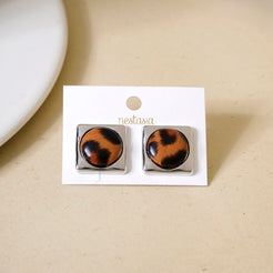 Brown Animal Print Silver Square Studs