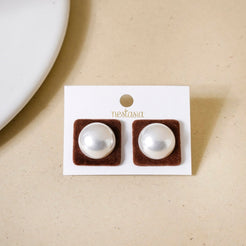 Brown Velvet Pearl Square Studs