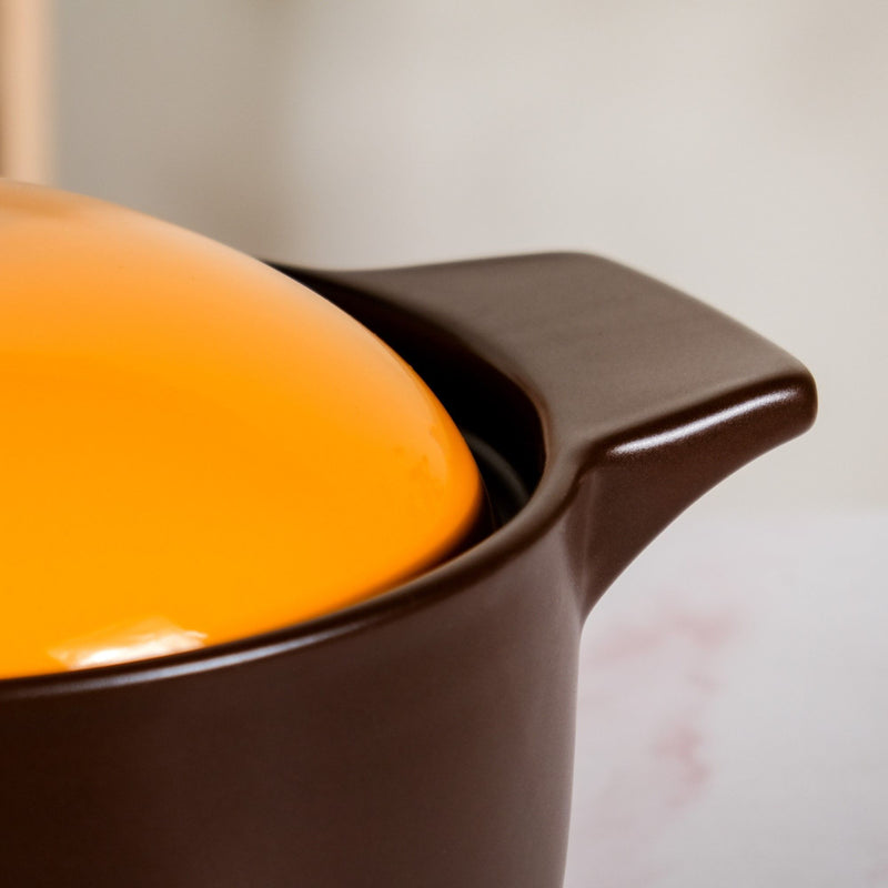 Brown Ceramic Deep Cooking Pot With Orange Lid 2900ml