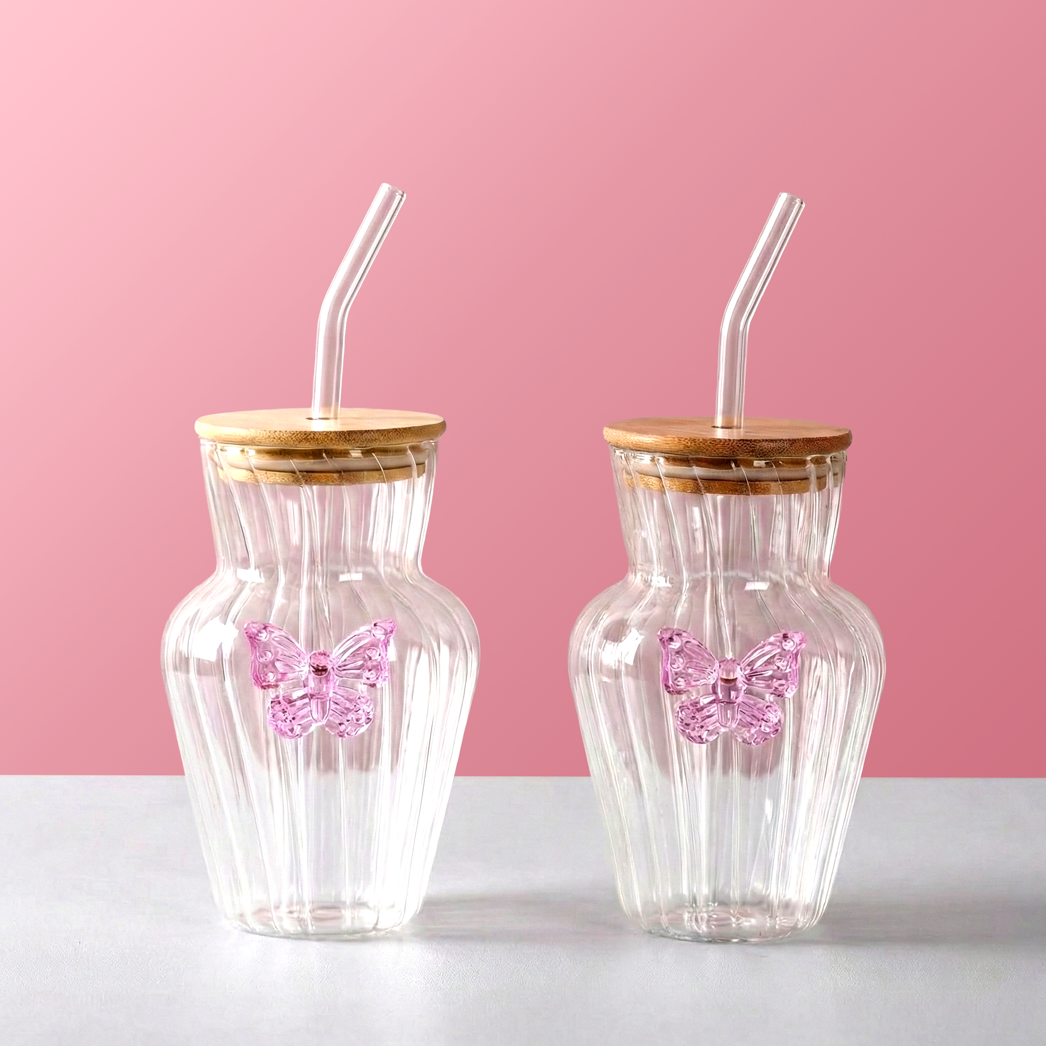 Butterfly Bloom Borosilicate Tumbler With Straw Set Of 2 500ml
