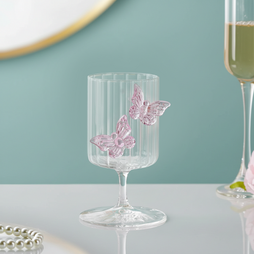 Butterfly Fluted Wine Stem Glass Pink 250ml