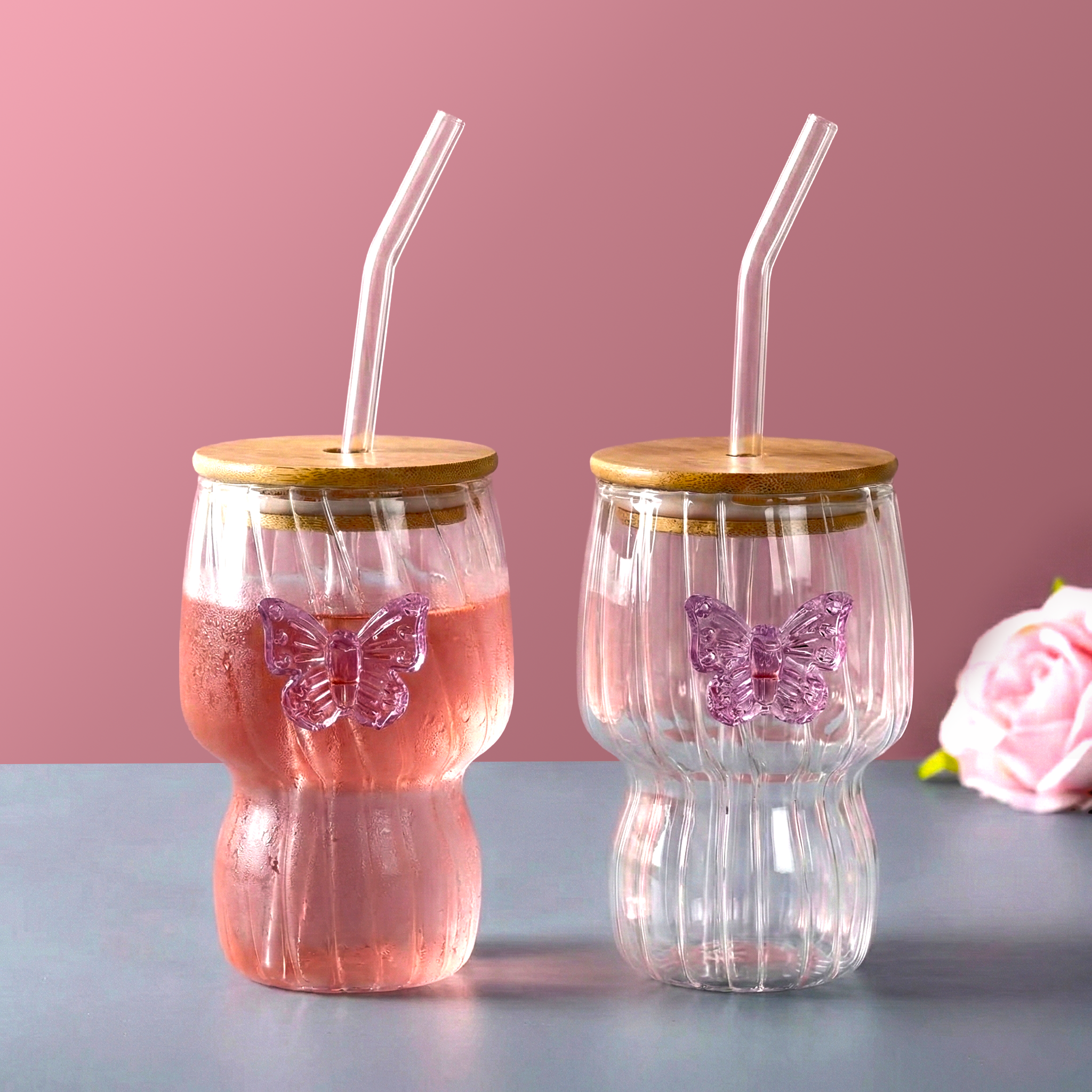 Butterfly Flutter Borosilicate Tumbler With Straw Set Of 2 500ml