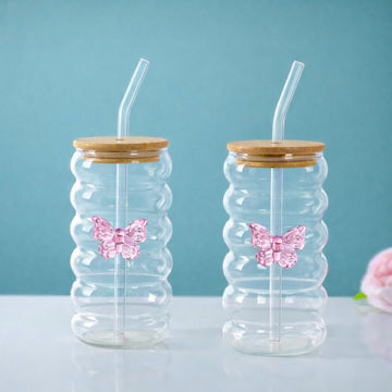 Butterfly Glass Tumbler With Straw Set Of 2 500ml
