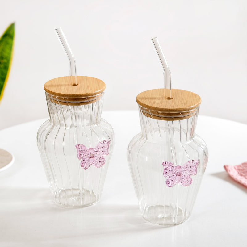 Butterfly Bloom Borosilicate Tumbler With Straw Set Of 2 500ml