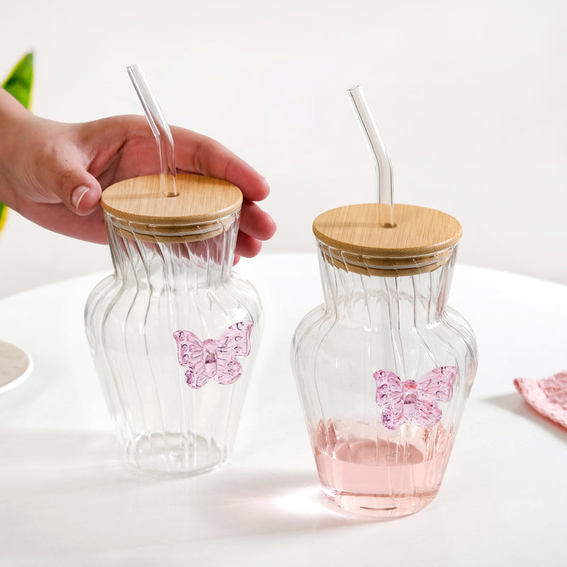 Butterfly Bloom Borosilicate Tumbler With Straw Set Of 2 500ml