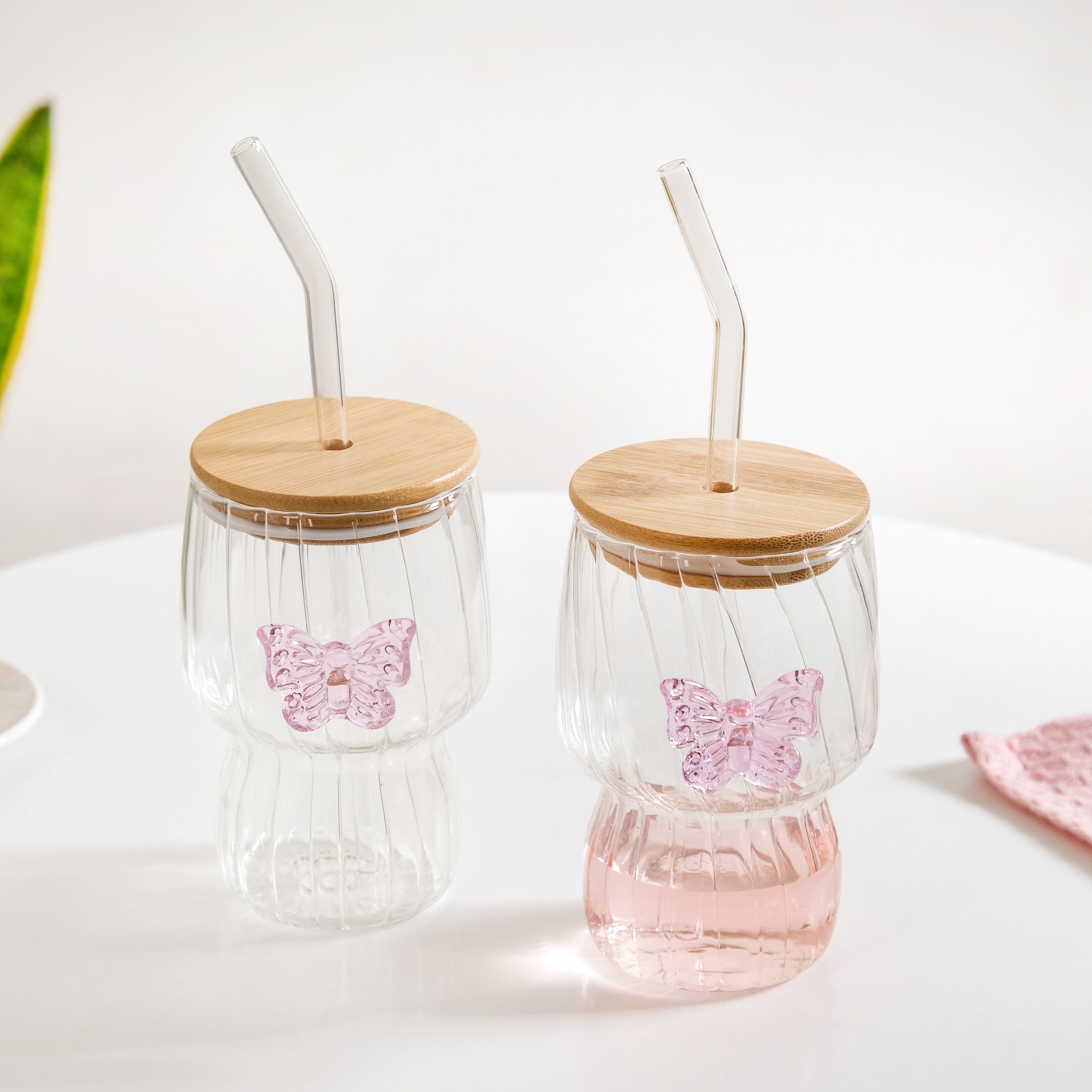Butterfly Flutter Borosilicate Tumbler With Straw Set Of 2 500ml