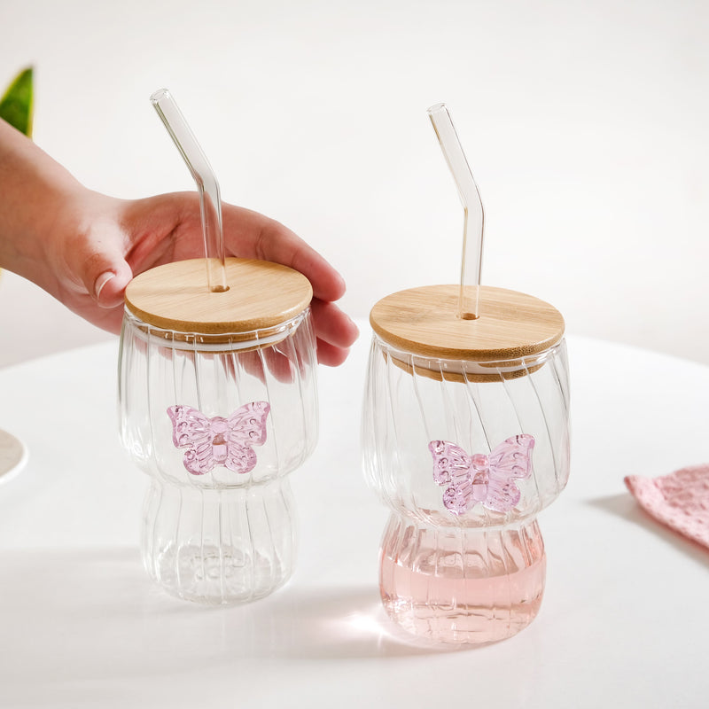 Butterfly Flutter Borosilicate Tumbler With Straw Set Of 2 500ml
