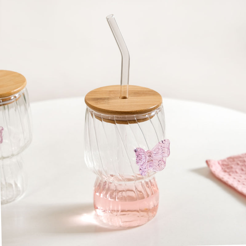 Butterfly Flutter Borosilicate Tumbler With Straw Set Of 2 500ml