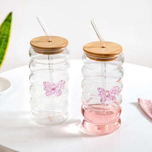 Butterfly Glass Tumbler With Straw Set Of 2 500ml