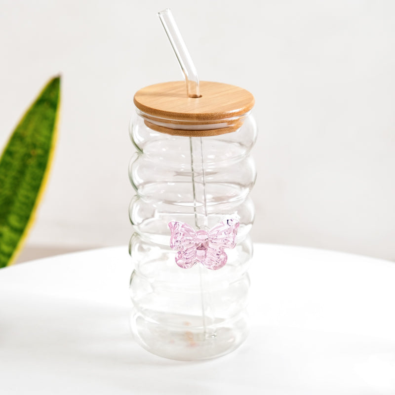 Butterfly Glass Tumbler With Straw Set Of 2 500ml