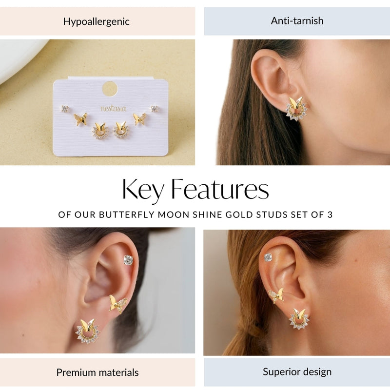 Butterfly Moon Shine Gold Studs Set Of 3