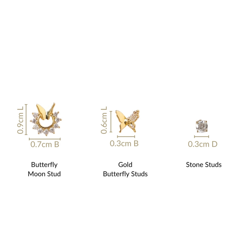 Butterfly Moon Shine Gold Studs Set Of 3