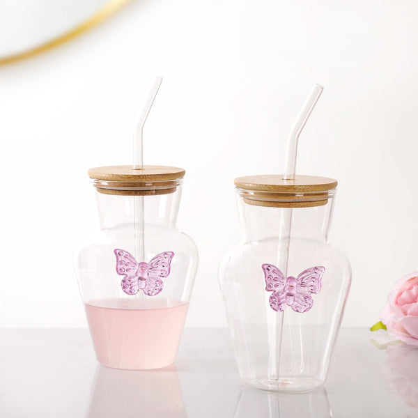 Butterfly Borosilicate Tumbler With Straw Set Of 2 500ml