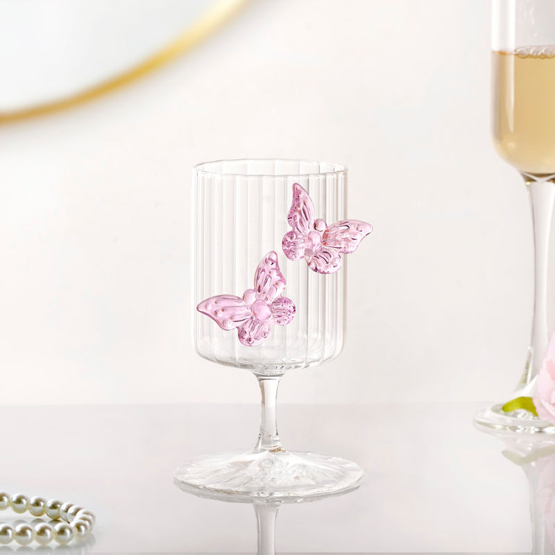 Butterfly Fluted Wine Stem Glass Pink 250ml