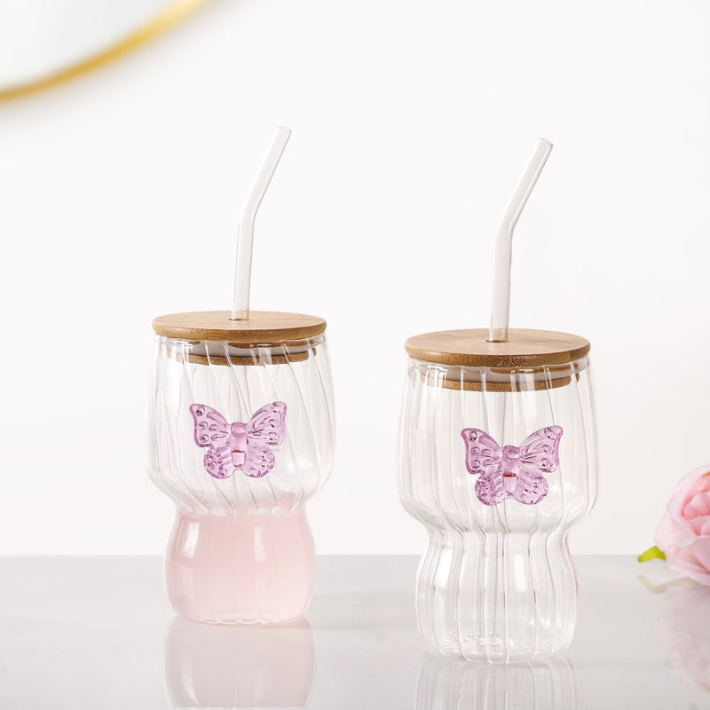 Butterfly Flutter Borosilicate Tumbler With Straw Set Of 2 500ml