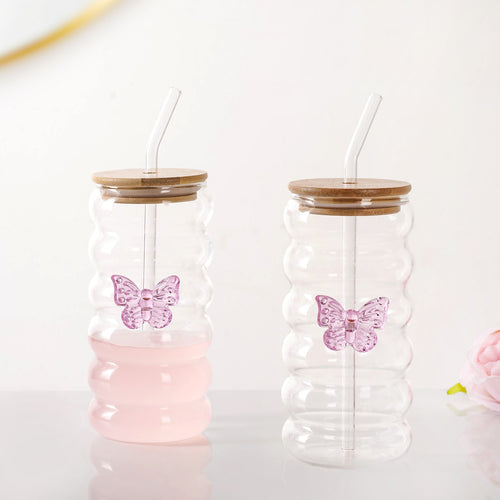 Butterfly Glass Tumbler With Straw Set Of 2 500ml