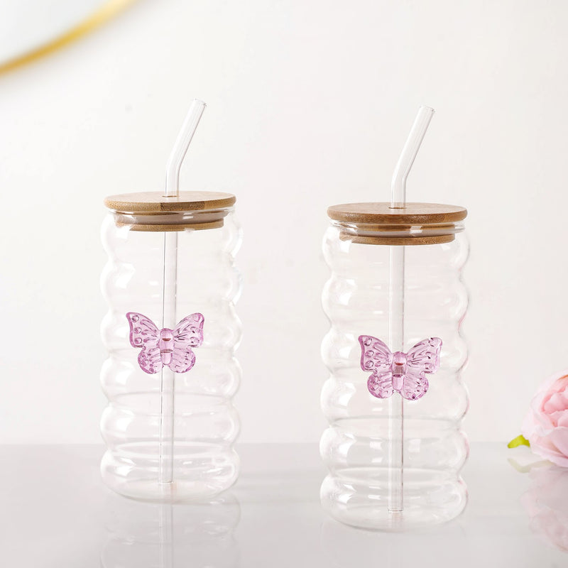 Butterfly Glass Tumbler With Straw Set Of 2 500ml