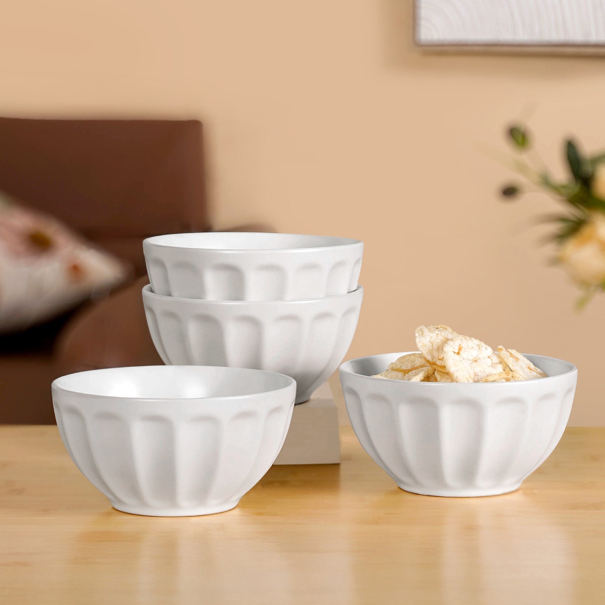 Embossed Cream Ceramic Bowl Set Of 4 580ml
